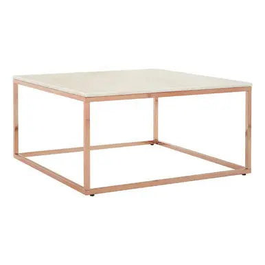 Square White Marble Top Coffee Table in Rose Gold Finish Stainless Steel Legs, Allure
