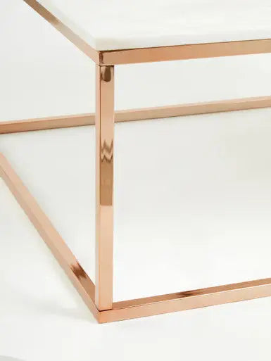 Square White Marble Top Coffee Table in Rose Gold Finish Stainless Steel Legs, Allure
