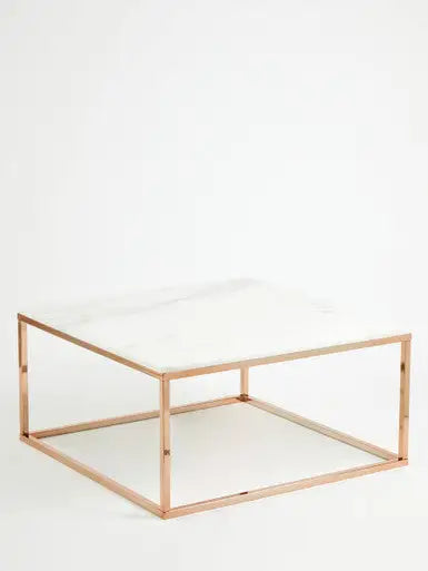 Square White Marble Top Coffee Table in Rose Gold Finish Stainless Steel Legs, Allure