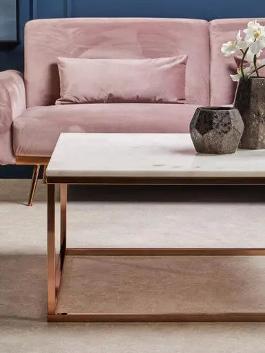 Square White Marble Top Coffee Table in Rose Gold Finish Stainless Steel Legs, Allure