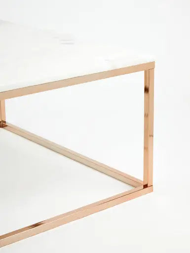 Square White Marble Top Coffee Table in Rose Gold Finish Stainless Steel Legs, Allure