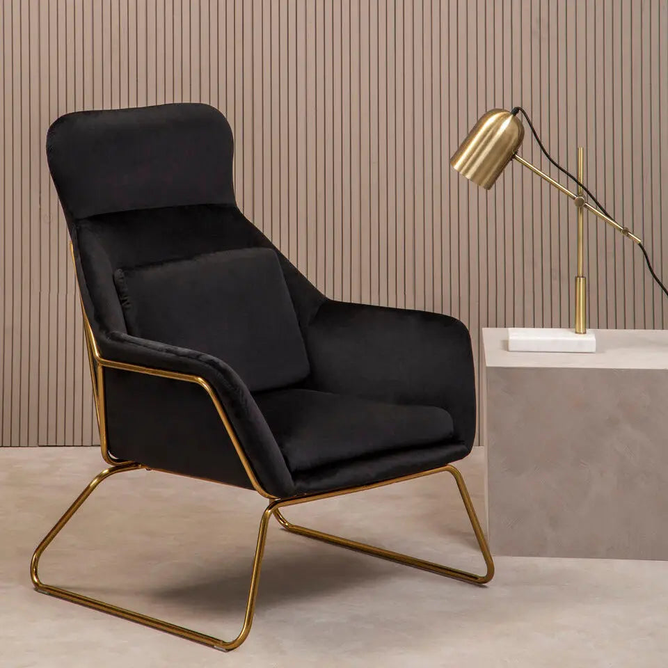 Stockholm Black Velvet Armchair with Gold Metal Legs
