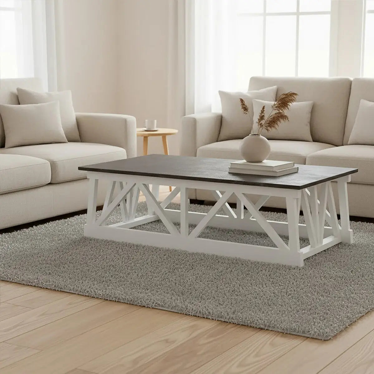 Stone Top Rectangular Coffee Table with White Alder Wood Base, Monas