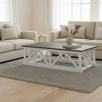 Stone Top Rectangular Coffee Table with White Alder Wood Base, Monas