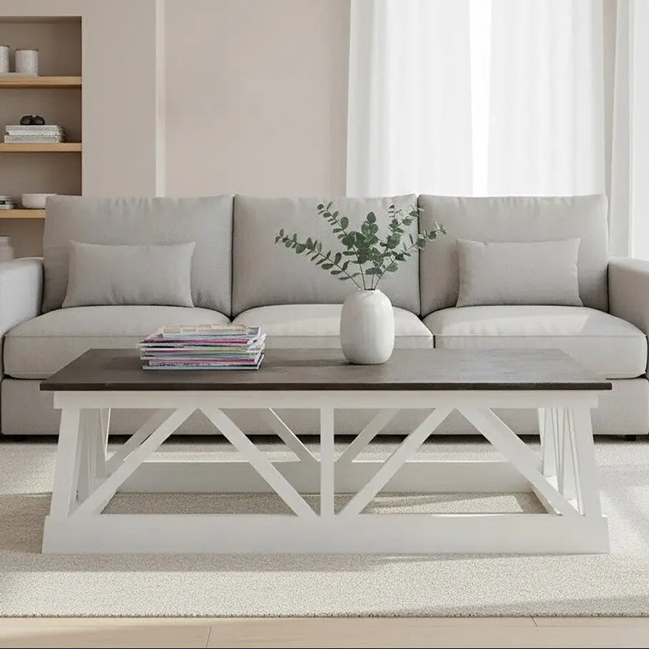 Stone Top Rectangular Coffee Table with White Alder Wood Base, Monas