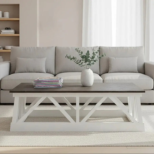 Stone Top Rectangular Coffee Table with White Alder Wood Base, Monas