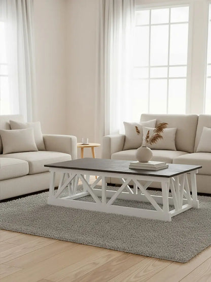 Stone Top Rectangular Coffee Table with White Alder Wood Base, Monas