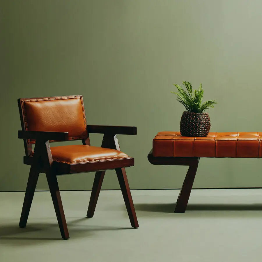 Tan Leather and Teak Frame Dining Chair | Inca