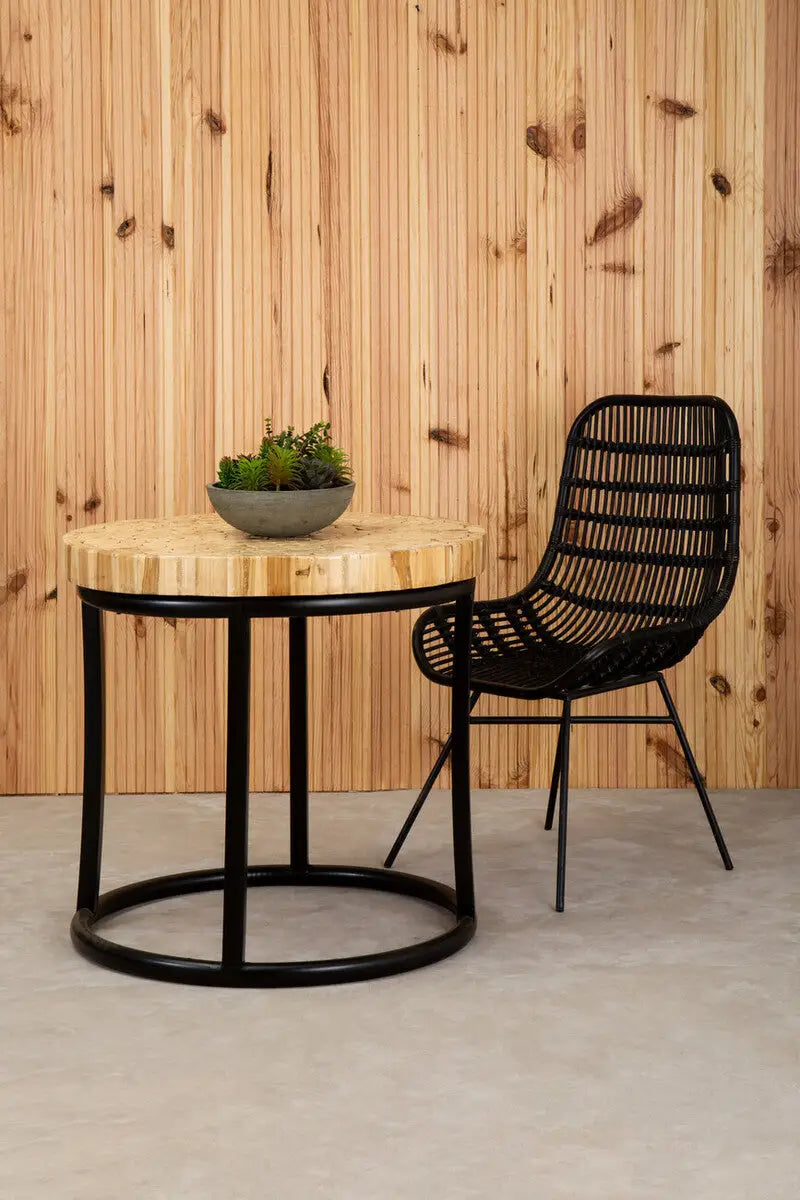 Teak Wood Mosaic Round Top Coffee Table with Black Iron Frame, Malang
