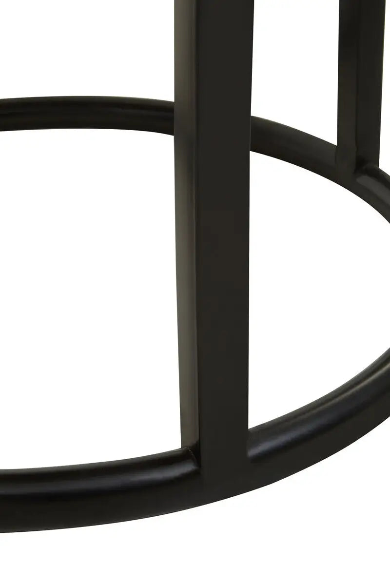 Teak Wood Mosaic Round Top Coffee Table with Black Iron Frame, Malang