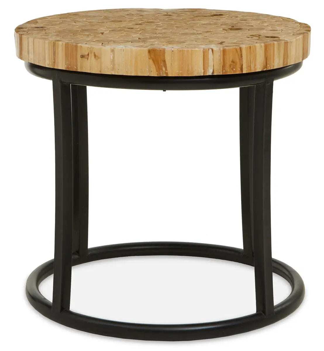 Teak Wood Mosaic Round Top Coffee Table with Black Iron Frame, Malang