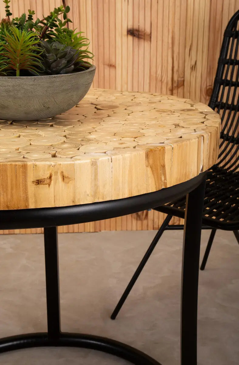 Teak Wood Mosaic Round Top Coffee Table with Black Iron Frame, Malang