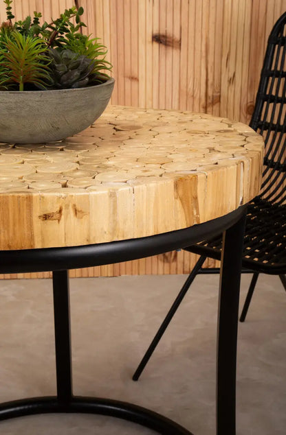 Teak Wood Mosaic Round Top Coffee Table with Black Iron Frame, Malang