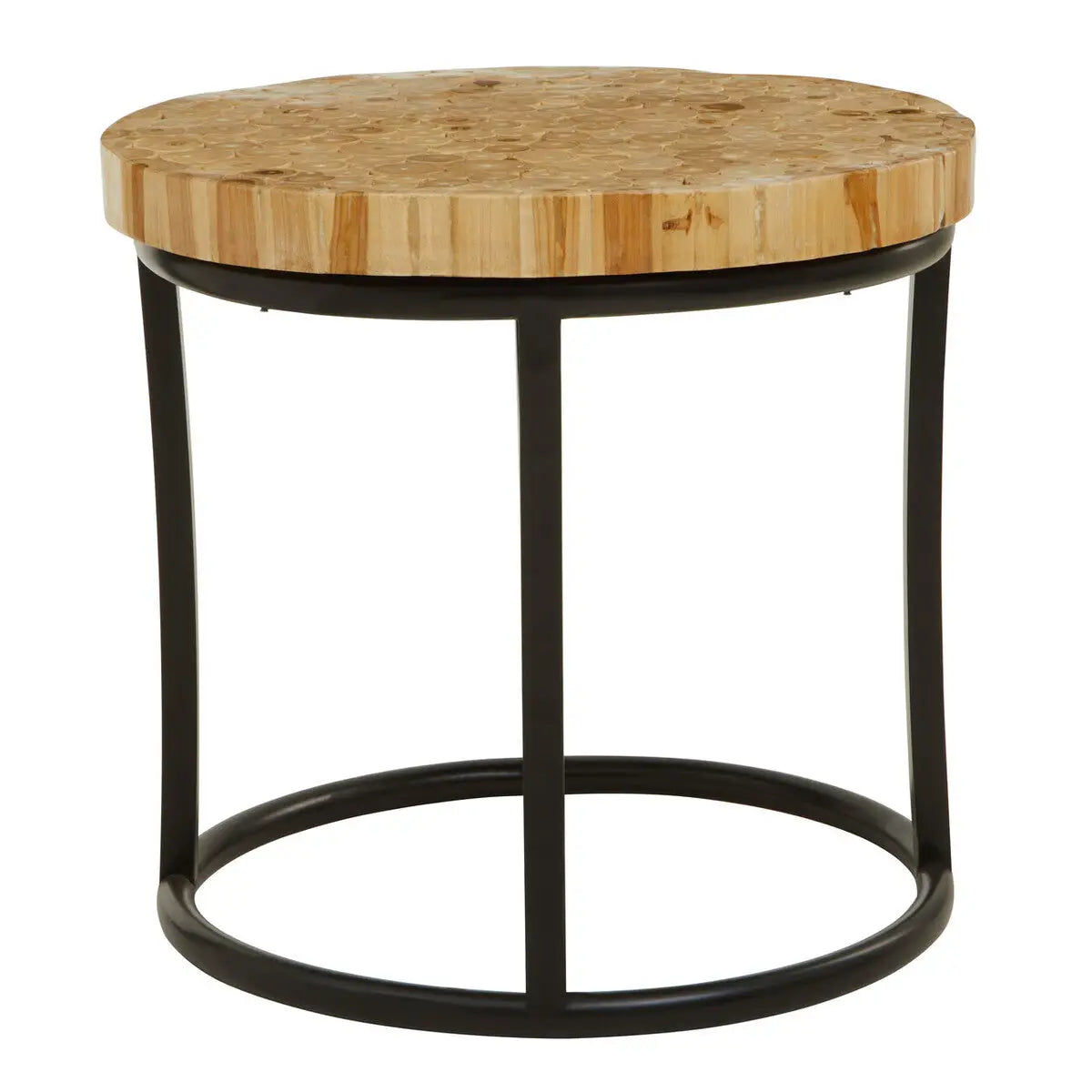 Teak Wood Mosaic Round Top Coffee Table with Black Iron Frame, Malang