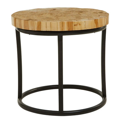 Teak Wood Mosaic Round Top Coffee Table with Black Iron Frame, Malang