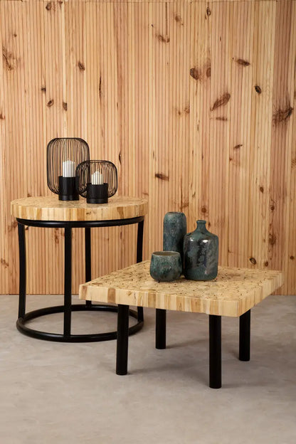 Teak Wood Mosaic Round Top Coffee Table with Black Iron Frame, Malang