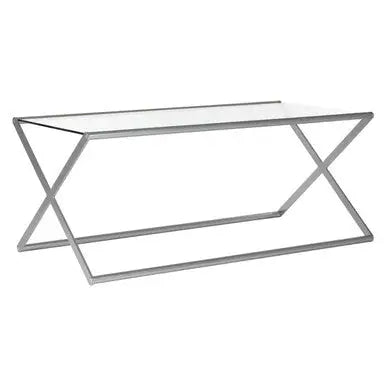 Tempered Glass Rectangular Coffee Table with Silver Cross Frame Design, Roma