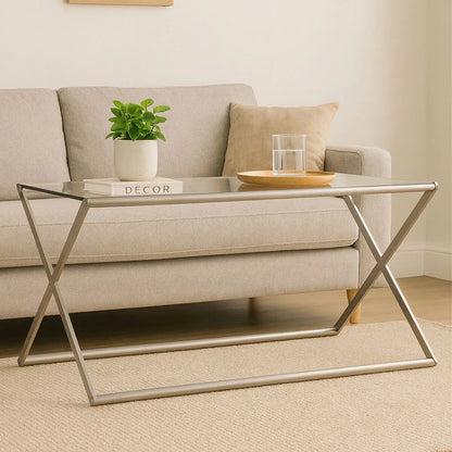 Tempered Glass Rectangular Coffee Table with Silver Cross Frame Design, Roma