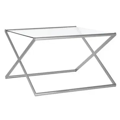 Tempered Glass Square Coffee Table with Criss Cross Satin Nickel Base, Roma