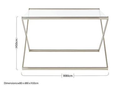 Tempered Glass Square Coffee Table with Criss Cross Satin Nickel Base, Roma