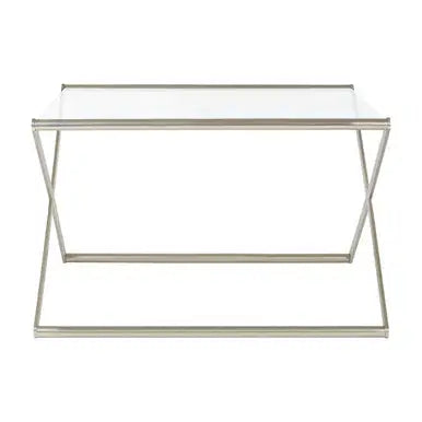 Tempered Glass Square Coffee Table with Criss Cross Satin Nickel Base, Roma