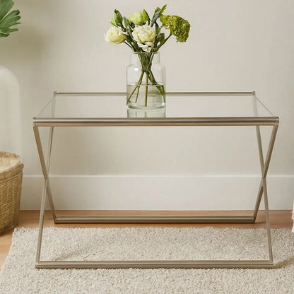 Tempered Glass Square Coffee Table with Criss Cross Satin Nickel Base, Roma