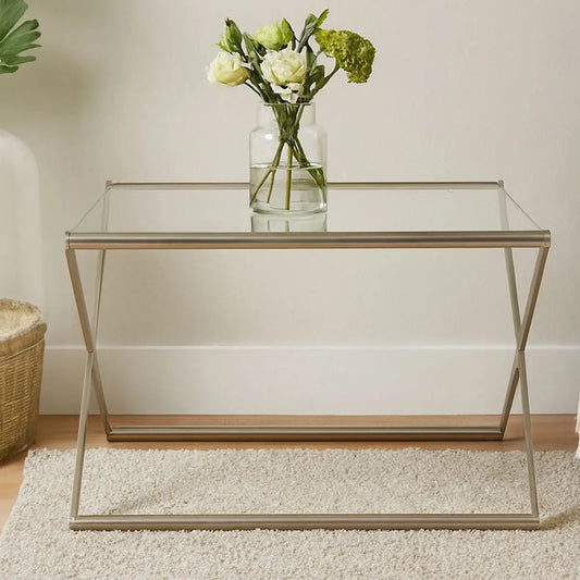 Tempered Glass Square Coffee Table with Criss Cross Satin Nickel Base, Roma