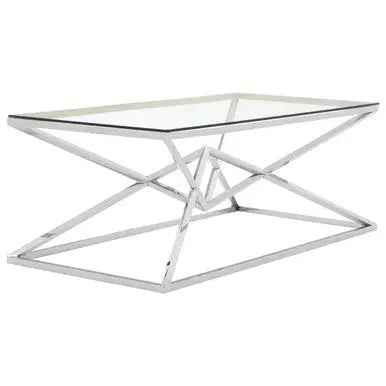 Tempered Glass Top Coffee Table with Silver Sculptural Pyramid Frame Base, Allure