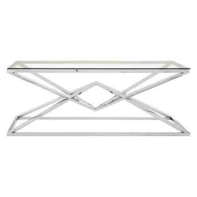 Tempered Glass Top Coffee Table with Silver Sculptural Pyramid Frame Base, Allure