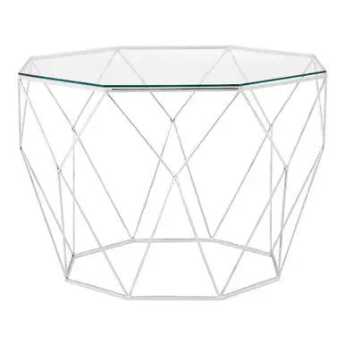 Tempered Glass Top Octagonal Coffee Table with Silver Metal Base, Shalimar