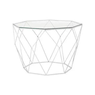 Tempered Glass Top Octagonal Coffee Table with Silver Metal Base, Shalimar