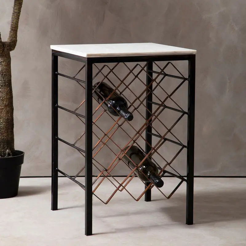 Templar White Marble and Bronze Finish Table with Wine Rack