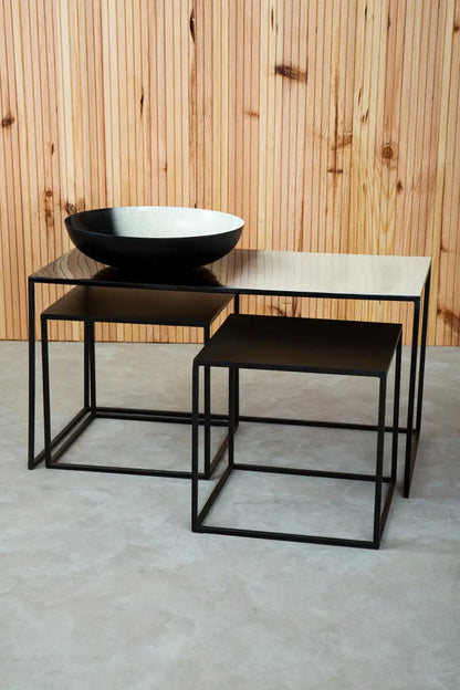 Three Piece Black and White Ombre Coffee Table Set with Slim Metal Frame, Ramus
