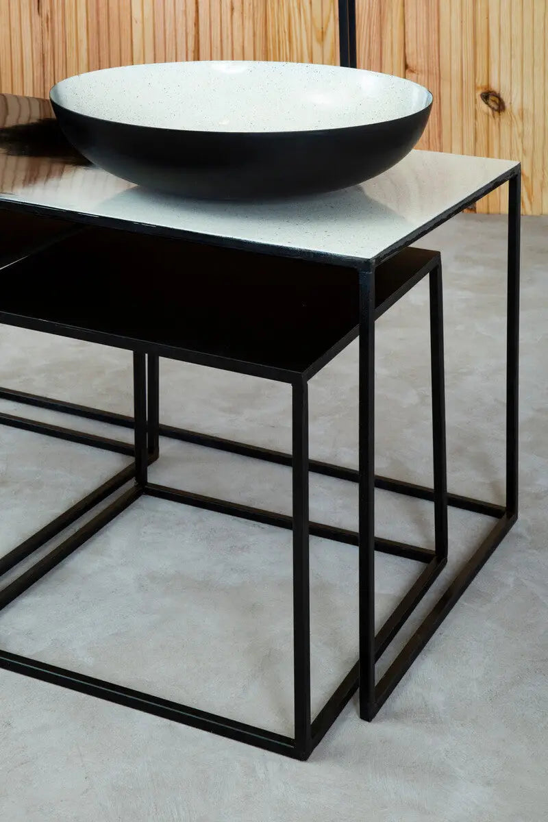 Three Piece Black and White Ombre Coffee Table Set with Slim Metal Frame, Ramus