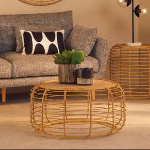 Trento Natural Rattan Round Coffee Table with Antique Gold Finish Frame