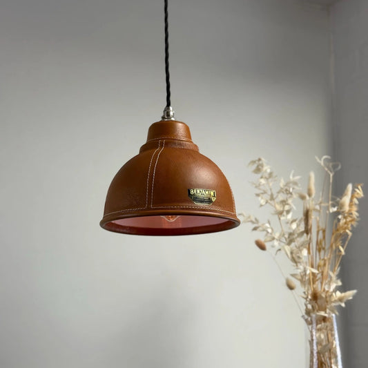 Trimingham ~ Real Genuine Leather Hand Stitched Solid Lampshade Pendant Set Light ~ 8.5 Inch