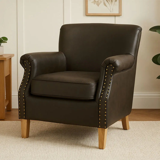 Trinity Brown Faux Leather Armchair with Metal Stud Detail