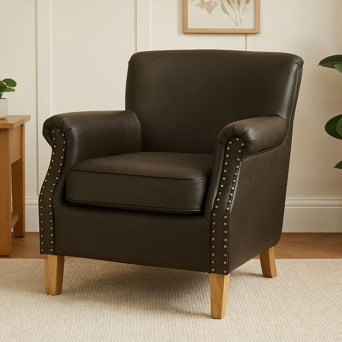 Trinity Brown Leather Effect Armchair with Stud Detail