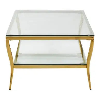 Two-Tier Coffee Table with Clear Tempered Glass Top and Gold Finish Stainless Steel Frame, Arezzo