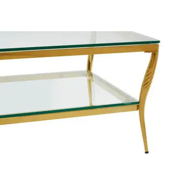 Two-Tier Coffee Table with Clear Tempered Glass Top and Gold Finish Stainless Steel Frame, Arezzo