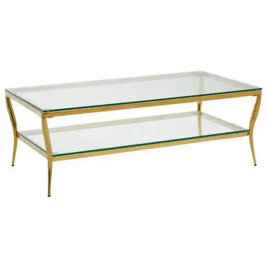 Two-Tier Coffee Table with Clear Tempered Glass Top and Gold Finish Stainless Steel Frame, Arezzo