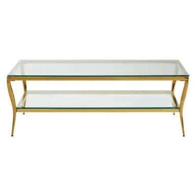 Two-Tier Coffee Table with Clear Tempered Glass Top and Gold Finish Stainless Steel Frame, Arezzo
