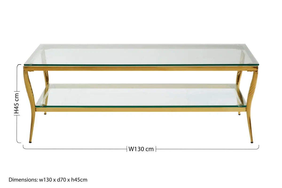 Two-Tier Coffee Table with Clear Tempered Glass Top and Gold Finish Stainless Steel Frame, Arezzo