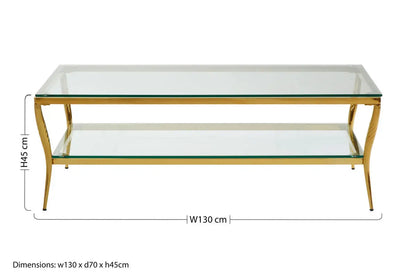 Two-Tier Coffee Table with Clear Tempered Glass Top and Gold Finish Stainless Steel Frame, Arezzo