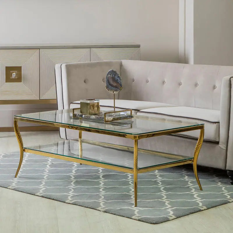 Two-Tier Coffee Table with Clear Tempered Glass Top and Gold Finish Stainless Steel Frame, Arezzo