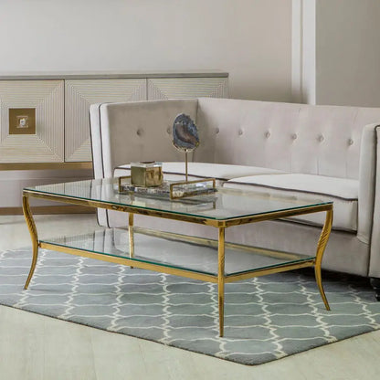 Two-Tier Coffee Table with Clear Tempered Glass Top and Gold Finish Stainless Steel Frame, Arezzo