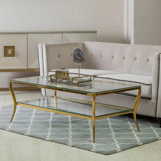 Two-Tier Coffee Table with Clear Tempered Glass Top and Gold Finish Stainless Steel Frame, Arezzo