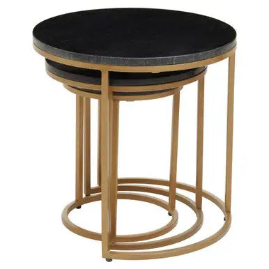 Varana Black Marble and Gold Finish Set of 3 Nesting Round Tables