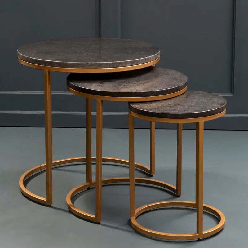 Varana Black Marble and Gold Finish Set of 3 Nesting Round Tables