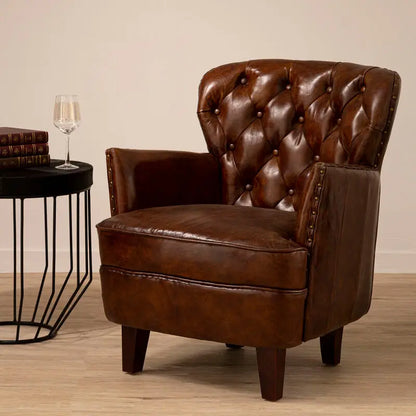#Victor Brown Leather Armchair with Button Tufted Back